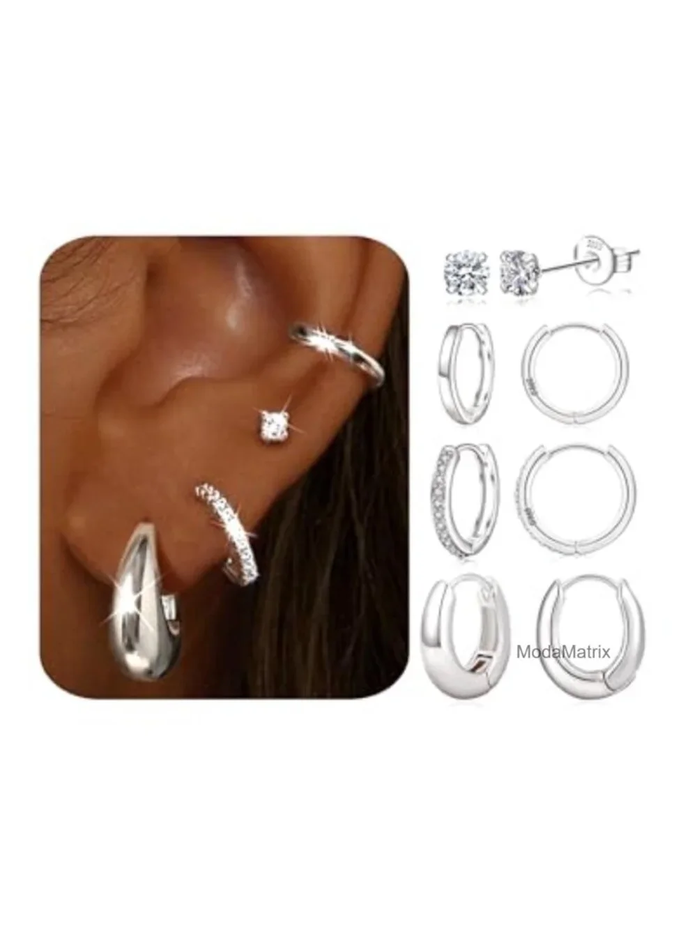 4 Pair Silver Hoop Stud Earring Set Hypoallergenic Sterling Silver Dainty
